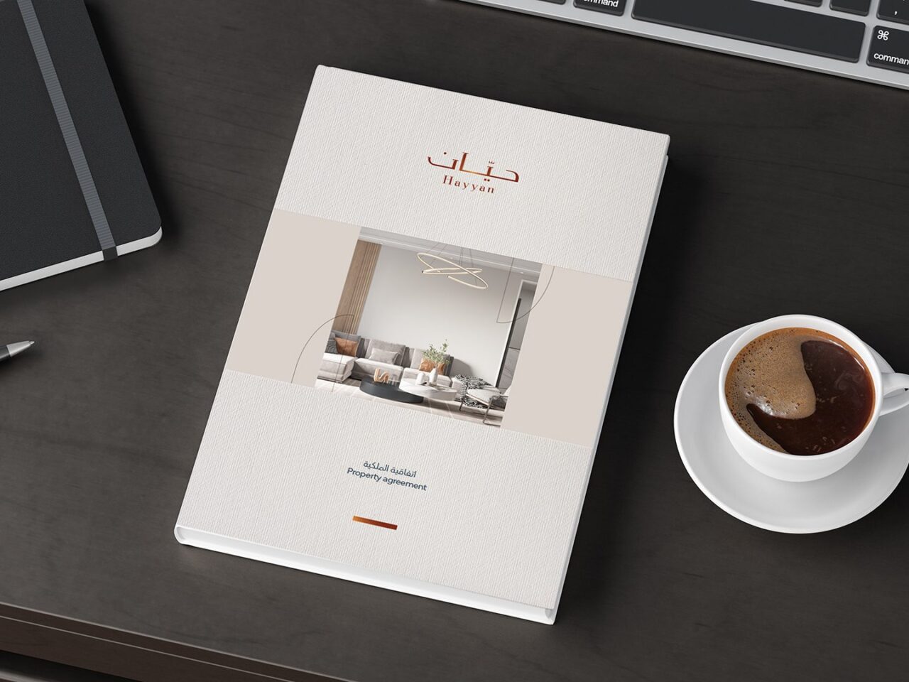 Book cover mock up. Workspace on wooden desk with cup of coffee Vertical book cover mock up. Workspace on black wooden desk with cup of coffee. Side view. 3d render